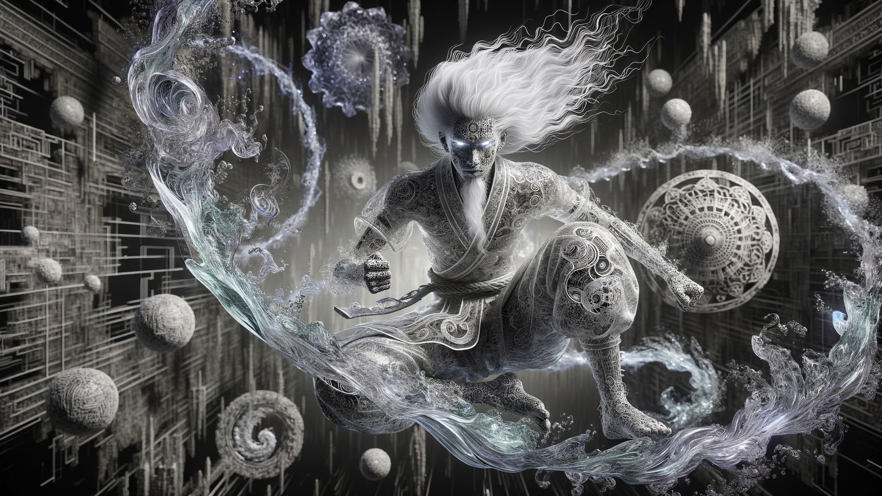 Mystical Figure Surrounded by Cosmic Patterns and Energy