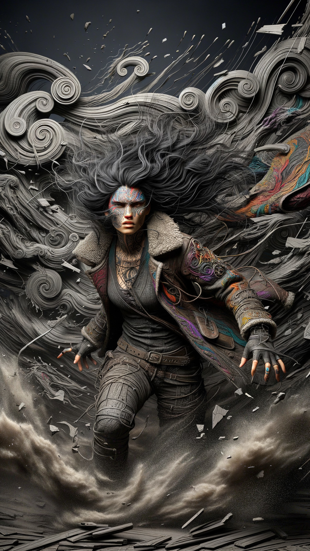 Dynamic Character in Chaotic Wind and Debris Scene