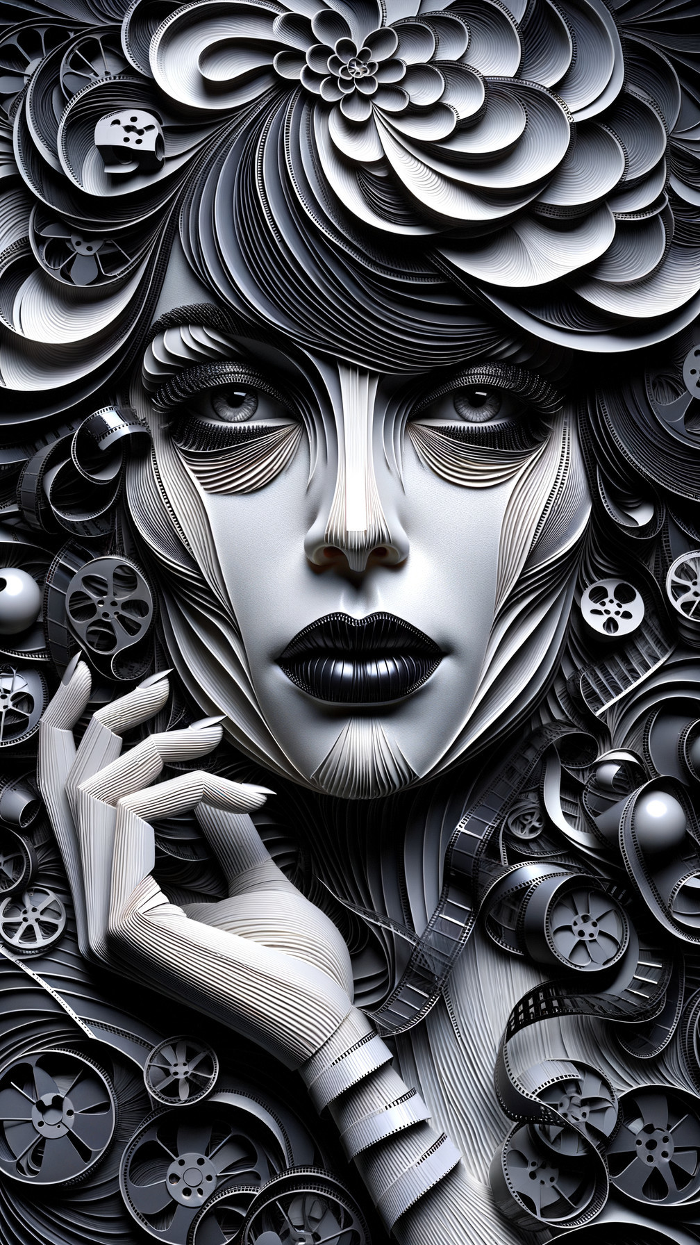 Monochrome Face Artwork with Floral and Mechanical Motifs
