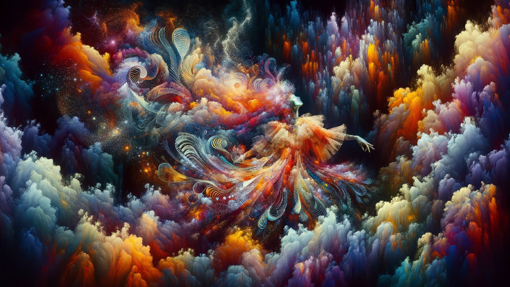 Ethereal Figure in Colorful Gown Among Vibrant Clouds