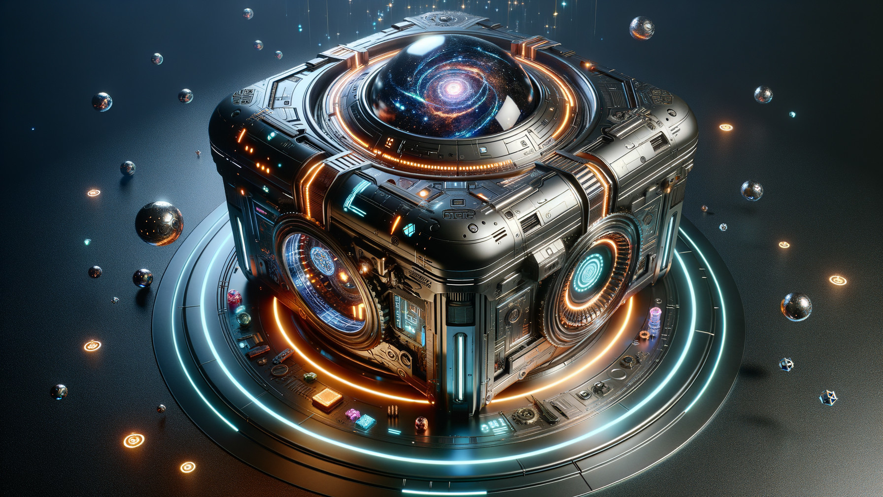 Futuristic metallic cube with galaxy and glowing elements