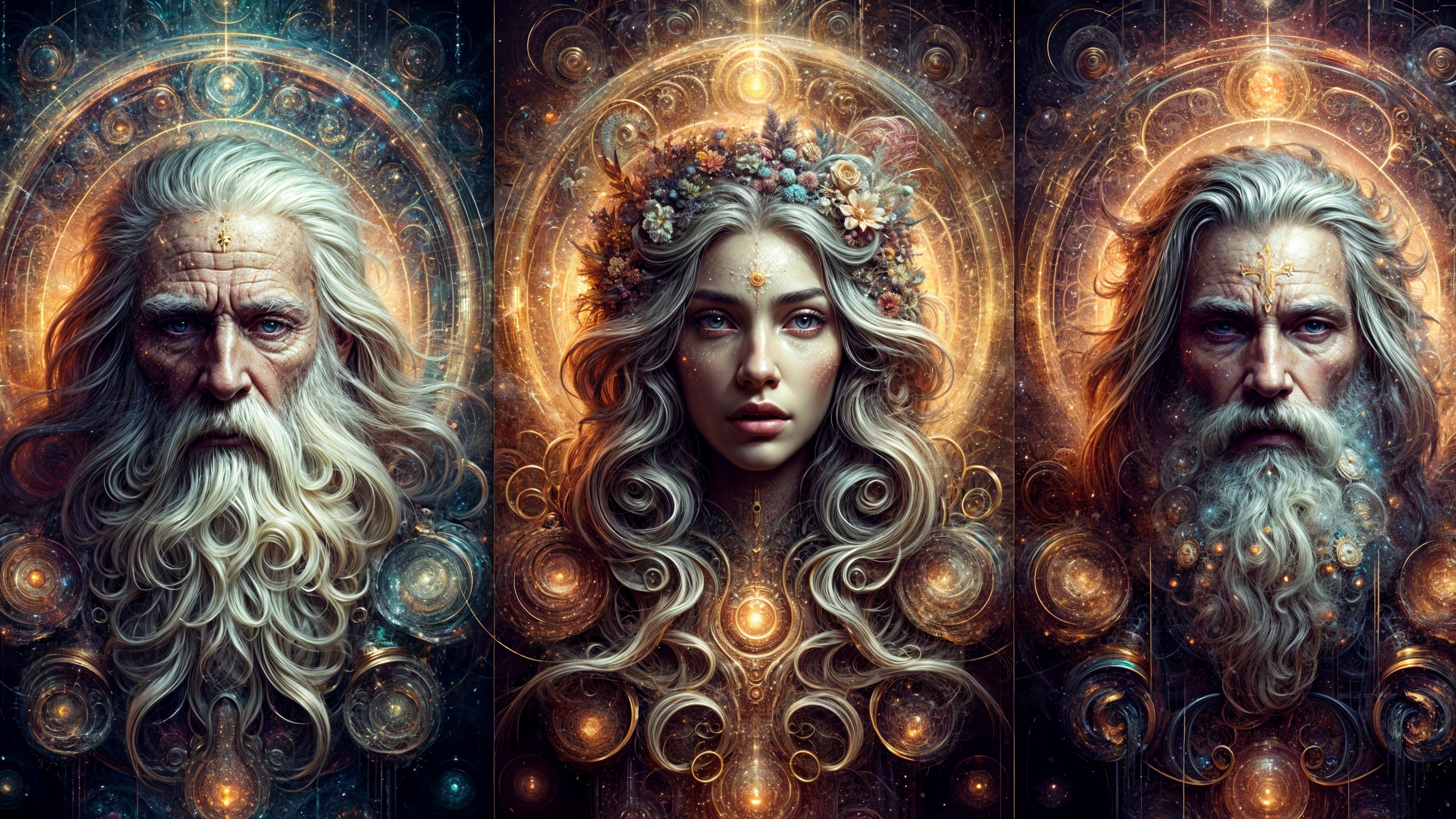 Triptych of Mythical Figures with Cosmic Patterns