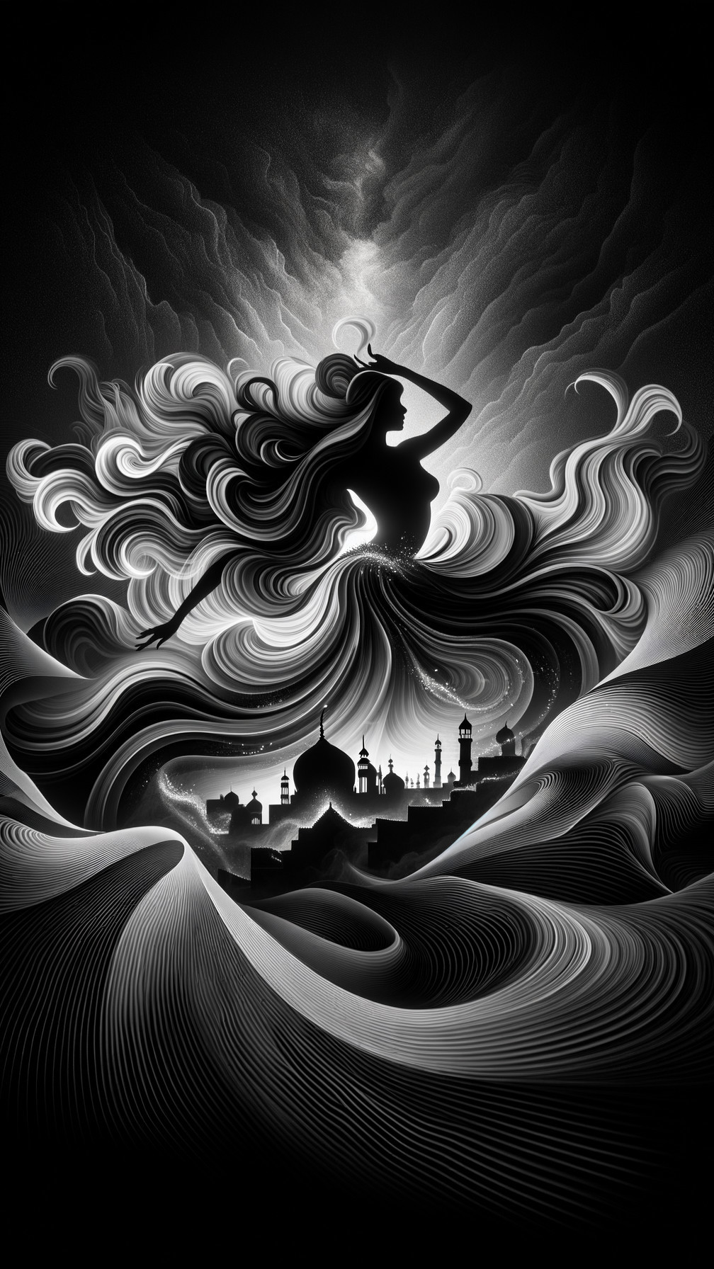 Black-and-white silhouette of a dancing woman with cityscape
