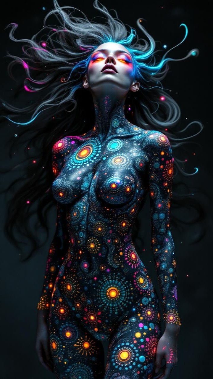 Cosmic Body Art on Figure Against Dark Background
