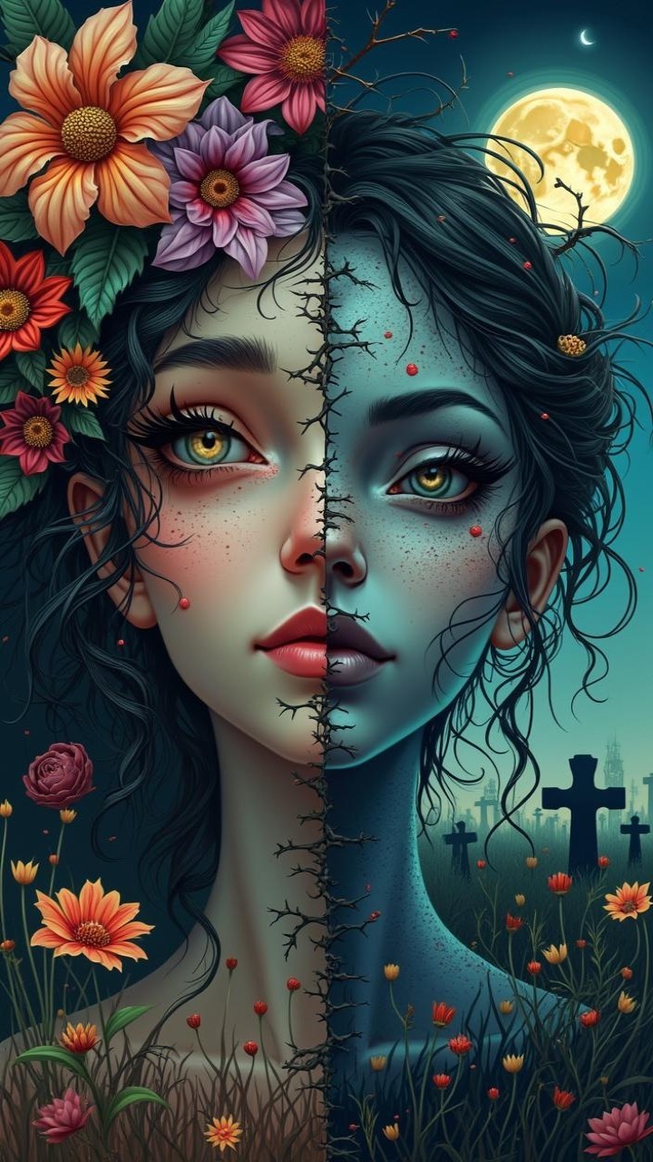 Split-Face Design of Woman: Life and Death Contrast
