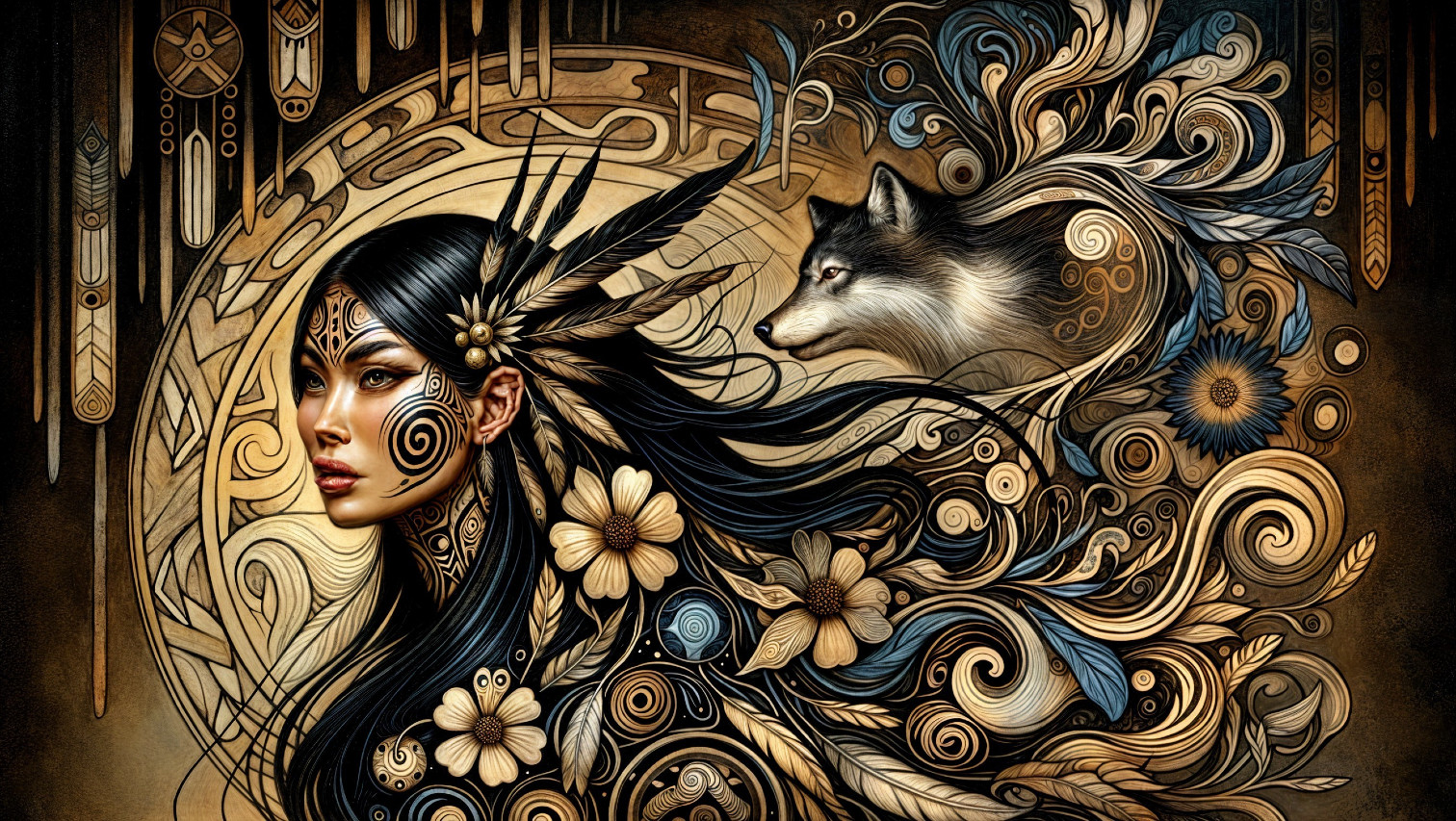 Mystical Woman with Intricate Patterns and Wolf