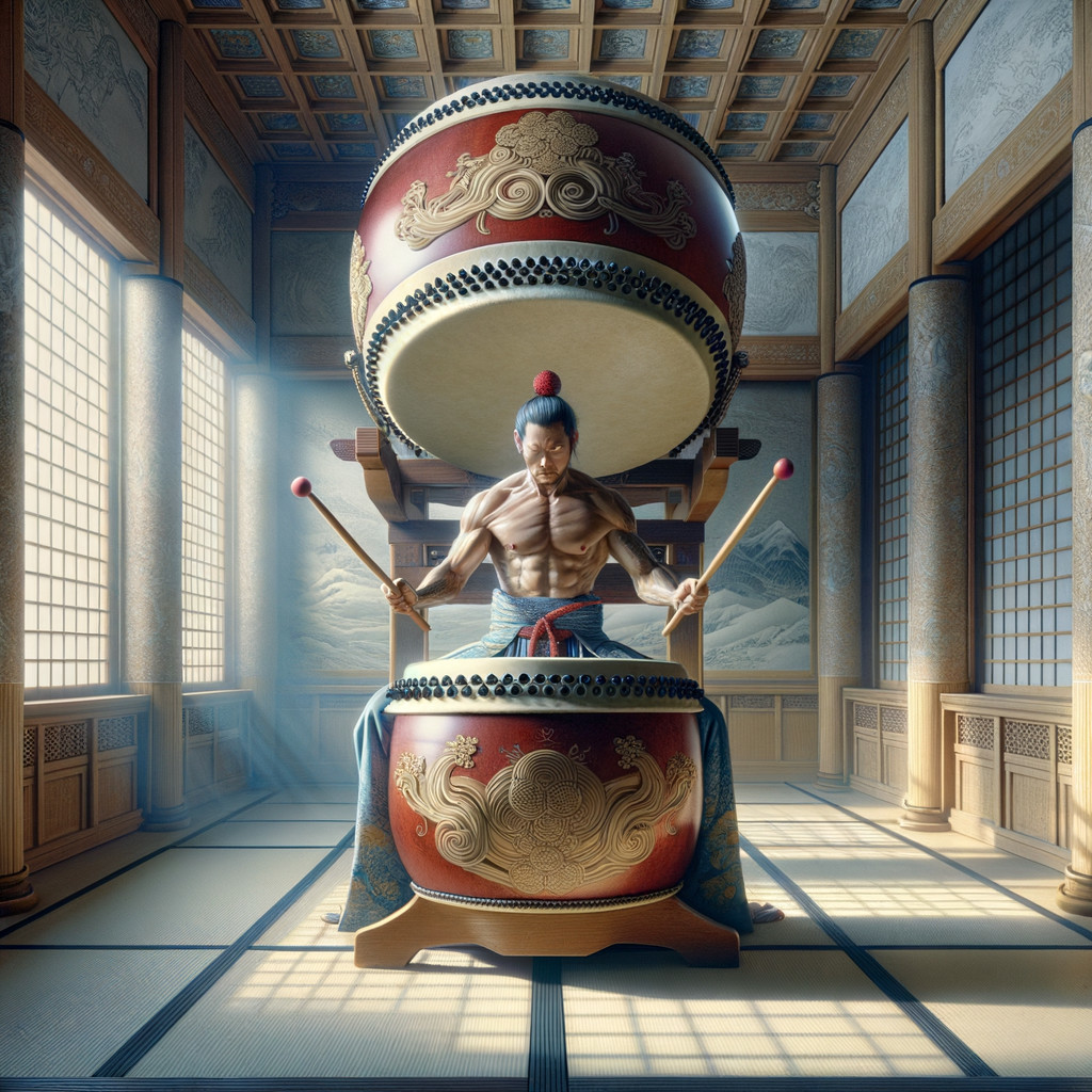 Muscular Figure Playing Drums in Traditional Asian Room