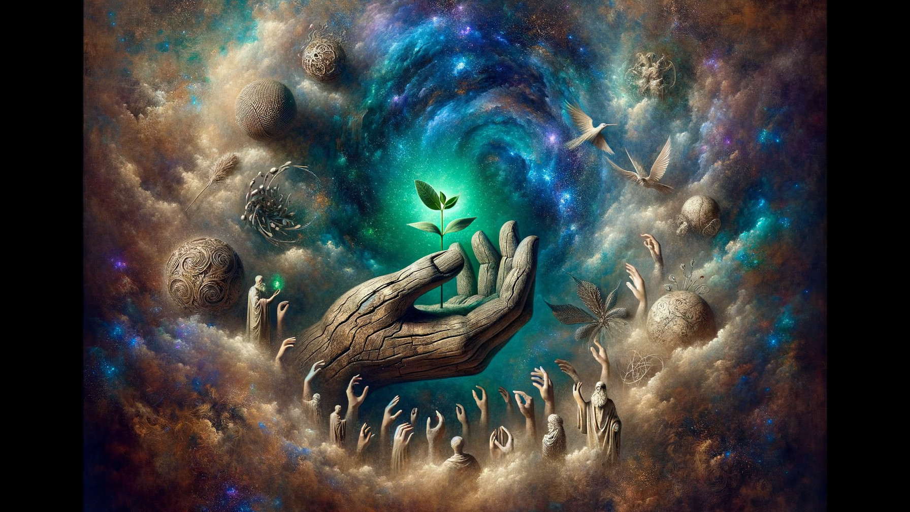 Cosmic Hand Holding Glowing Sprout in Nebula Background