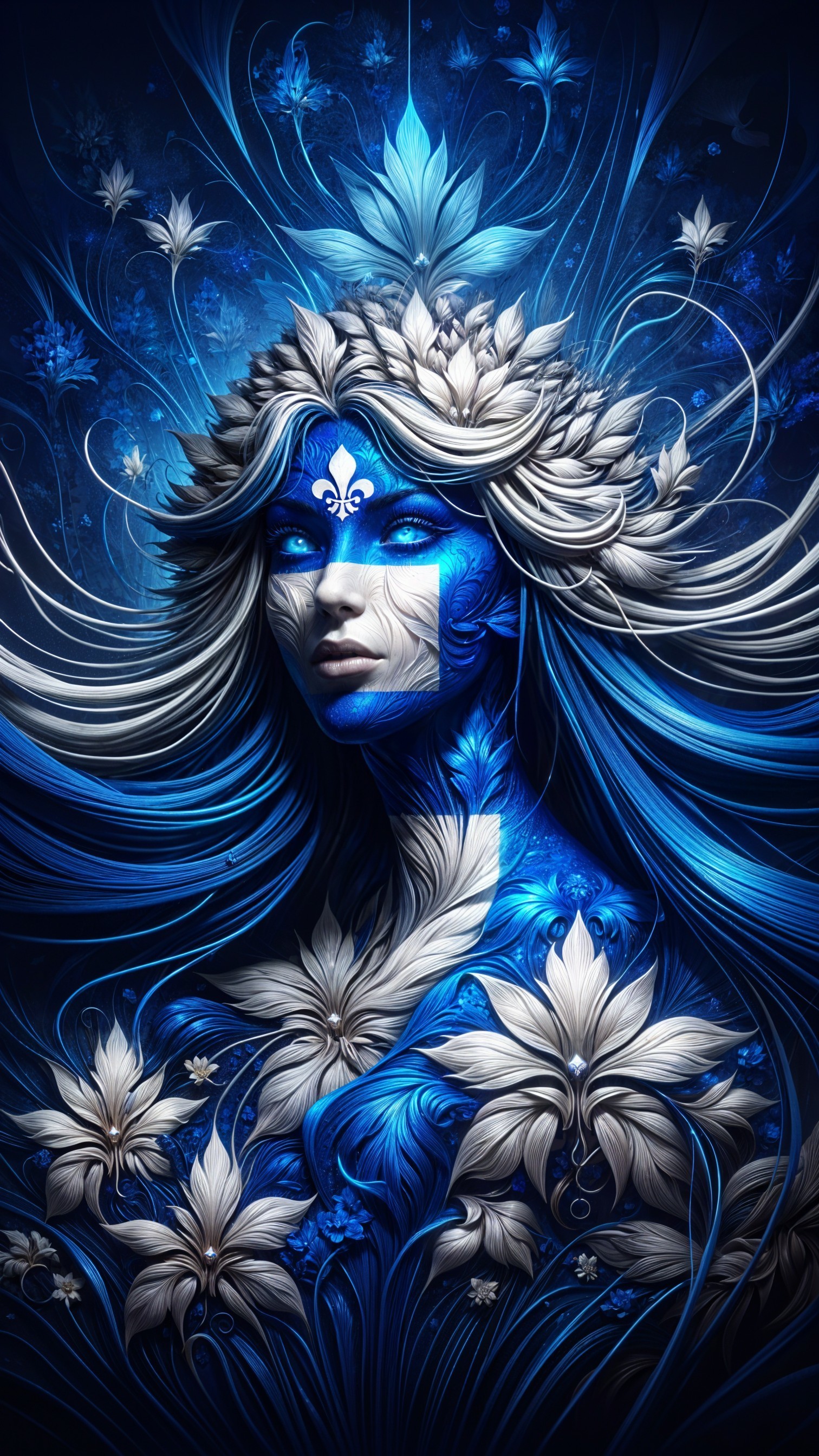 Ethereal Woman Surrounded by Floral Patterns in Blue