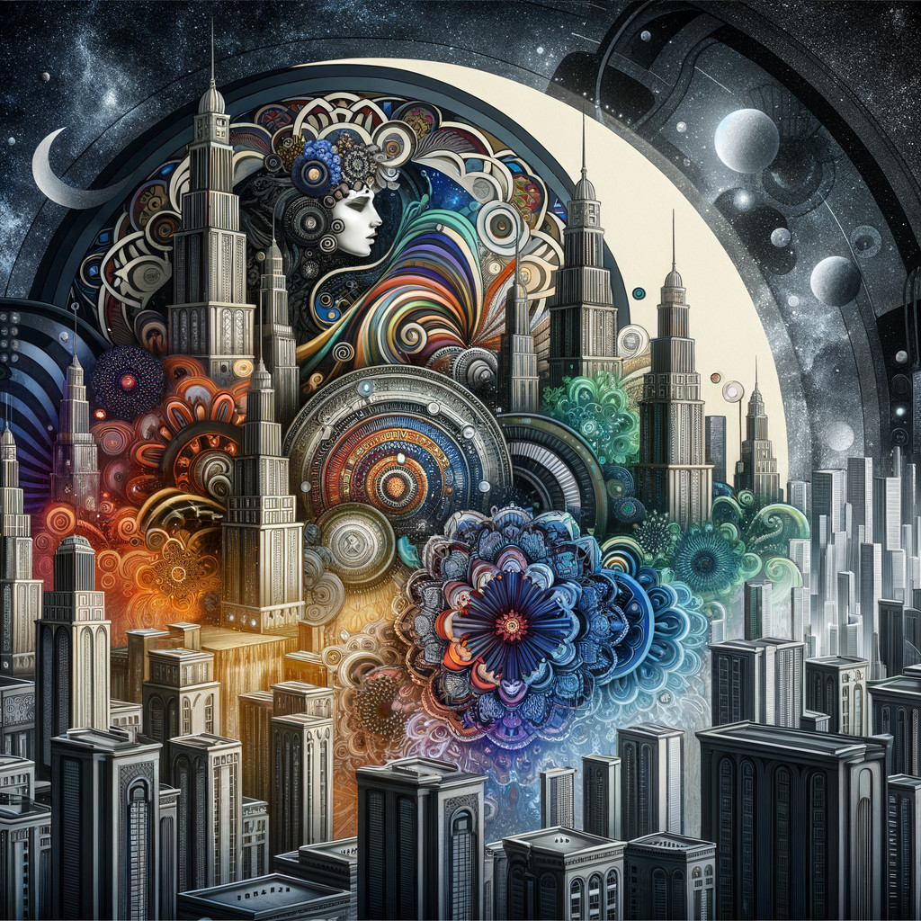 Surreal Cityscape with Vibrant Colors and Patterns