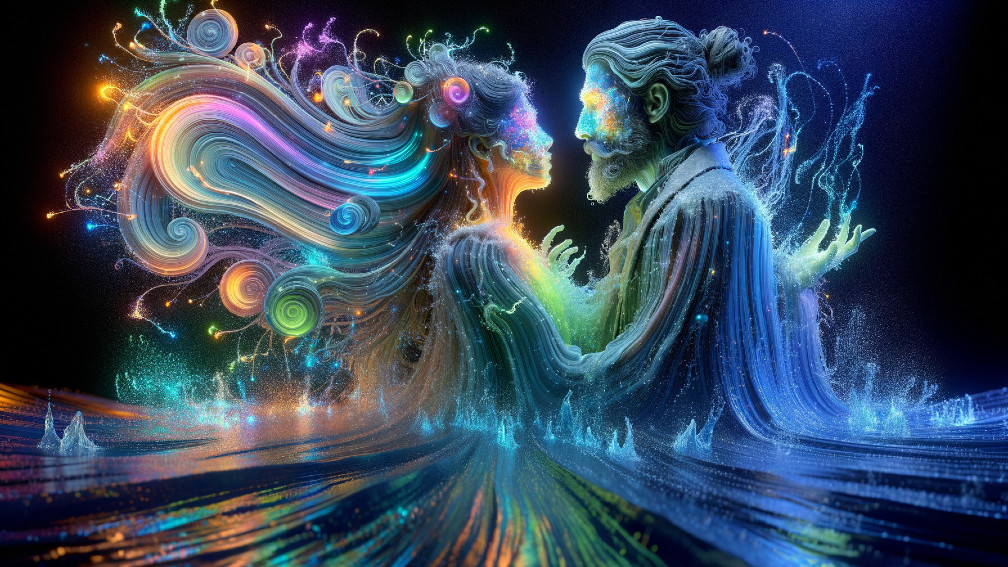 Couple Entwined in Vibrant Streams of Color
