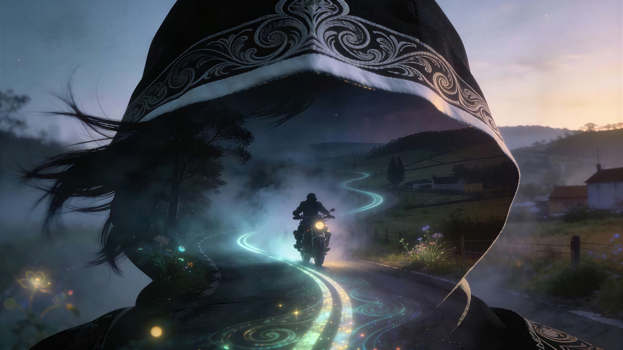 Mystical Double Exposure of Hooded Figure and Road