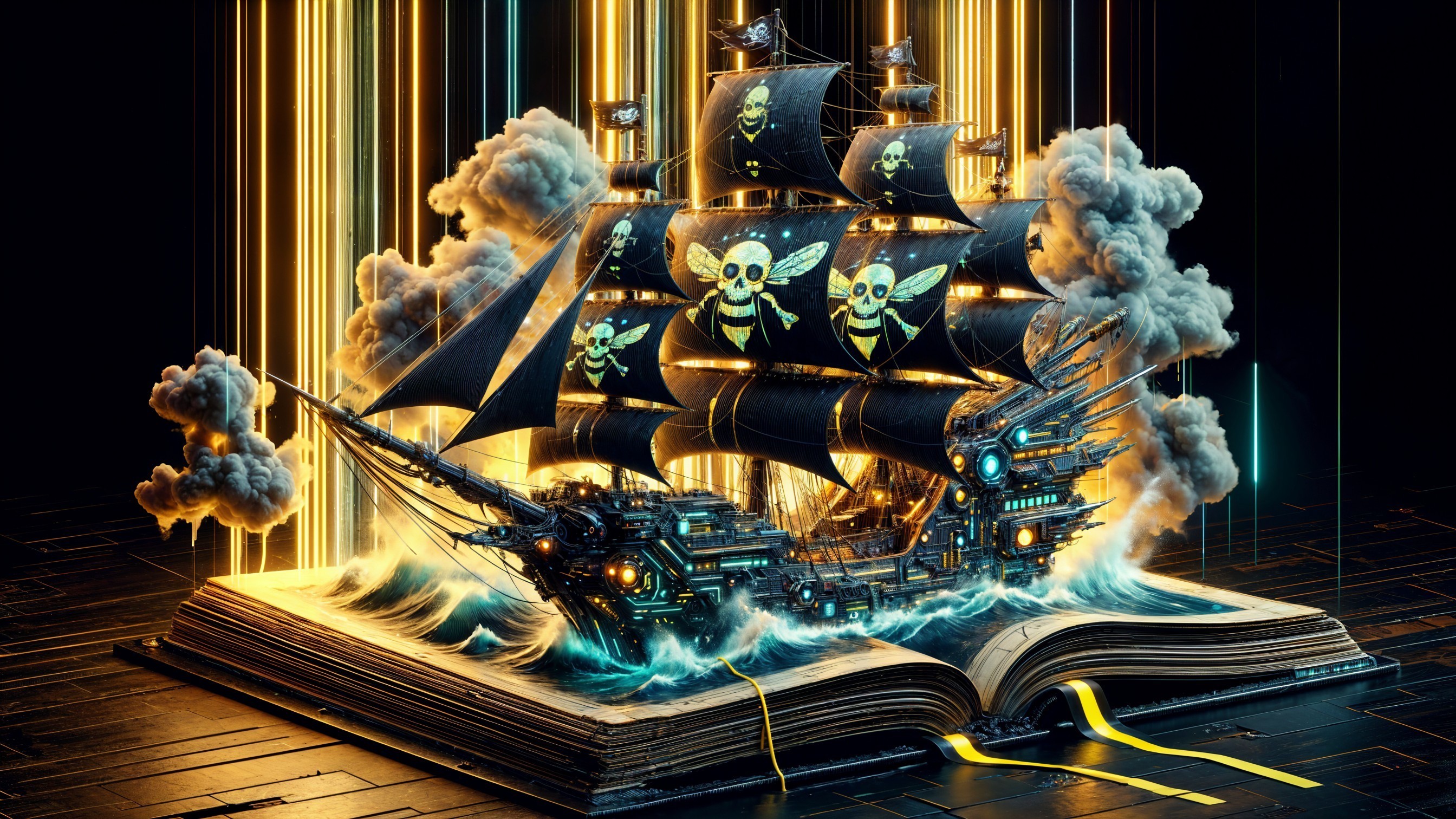 Surreal Ship from Book with Vibrant Designs and Sails