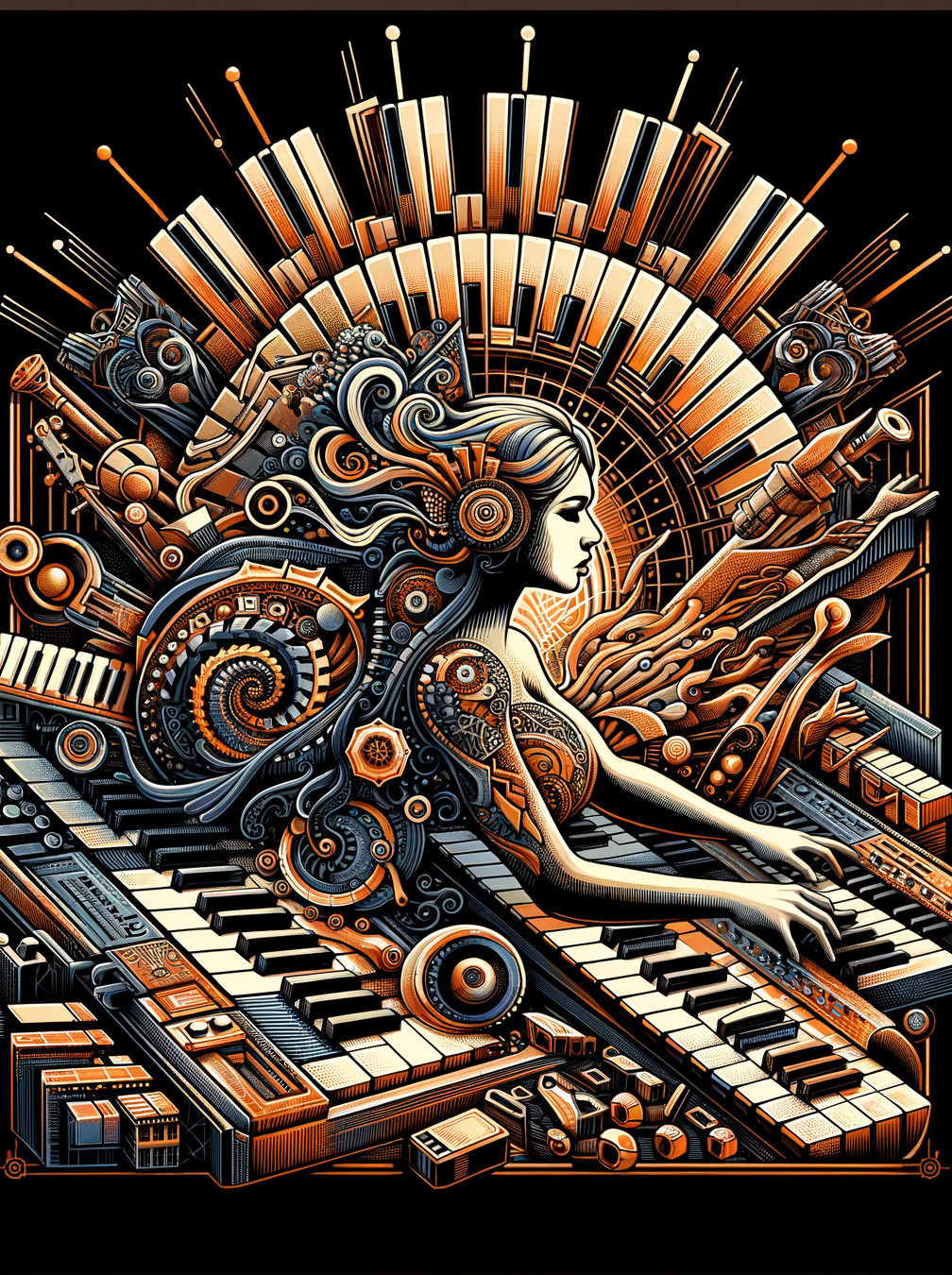 Intricate Illustration of Woman with Keyboard and Music