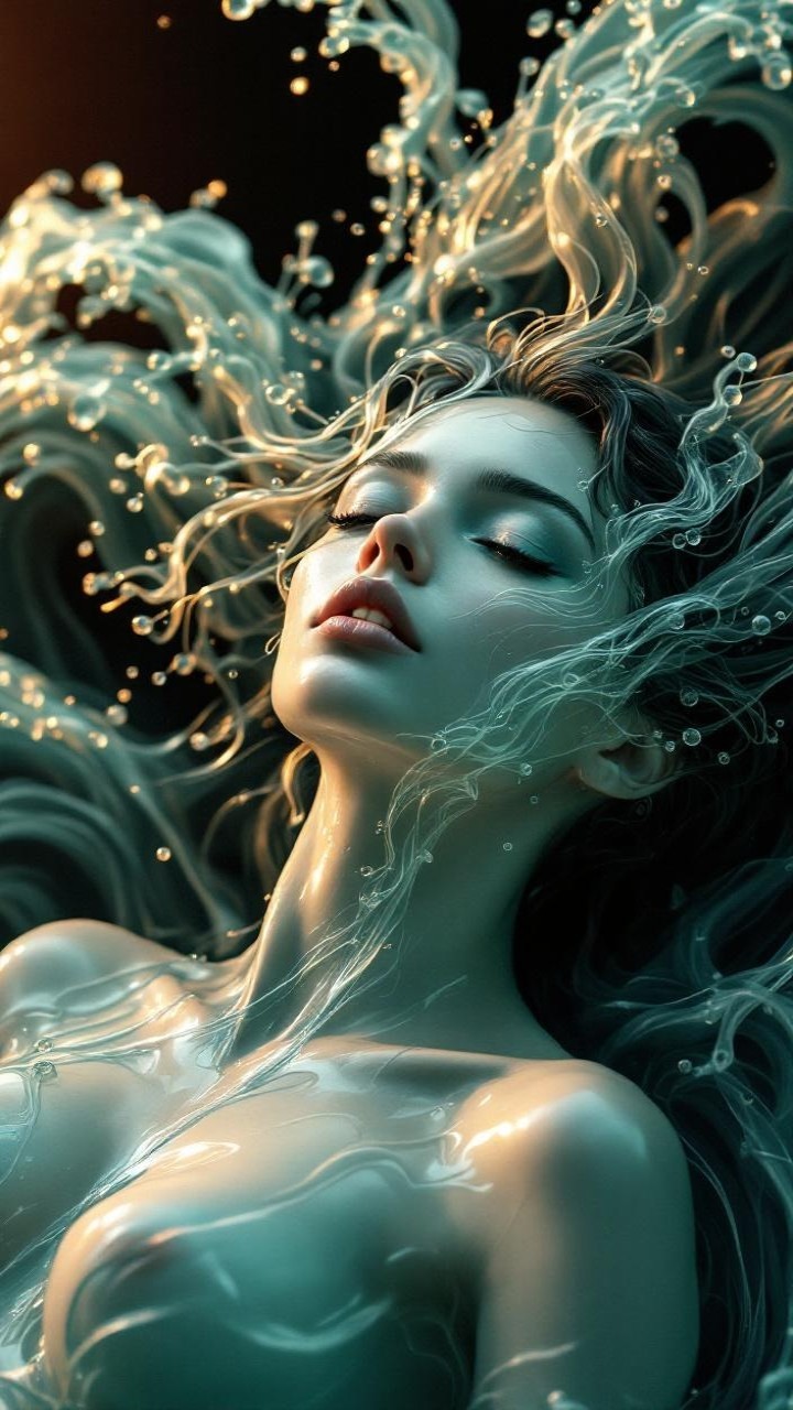 Serene female figure in cascading translucent water