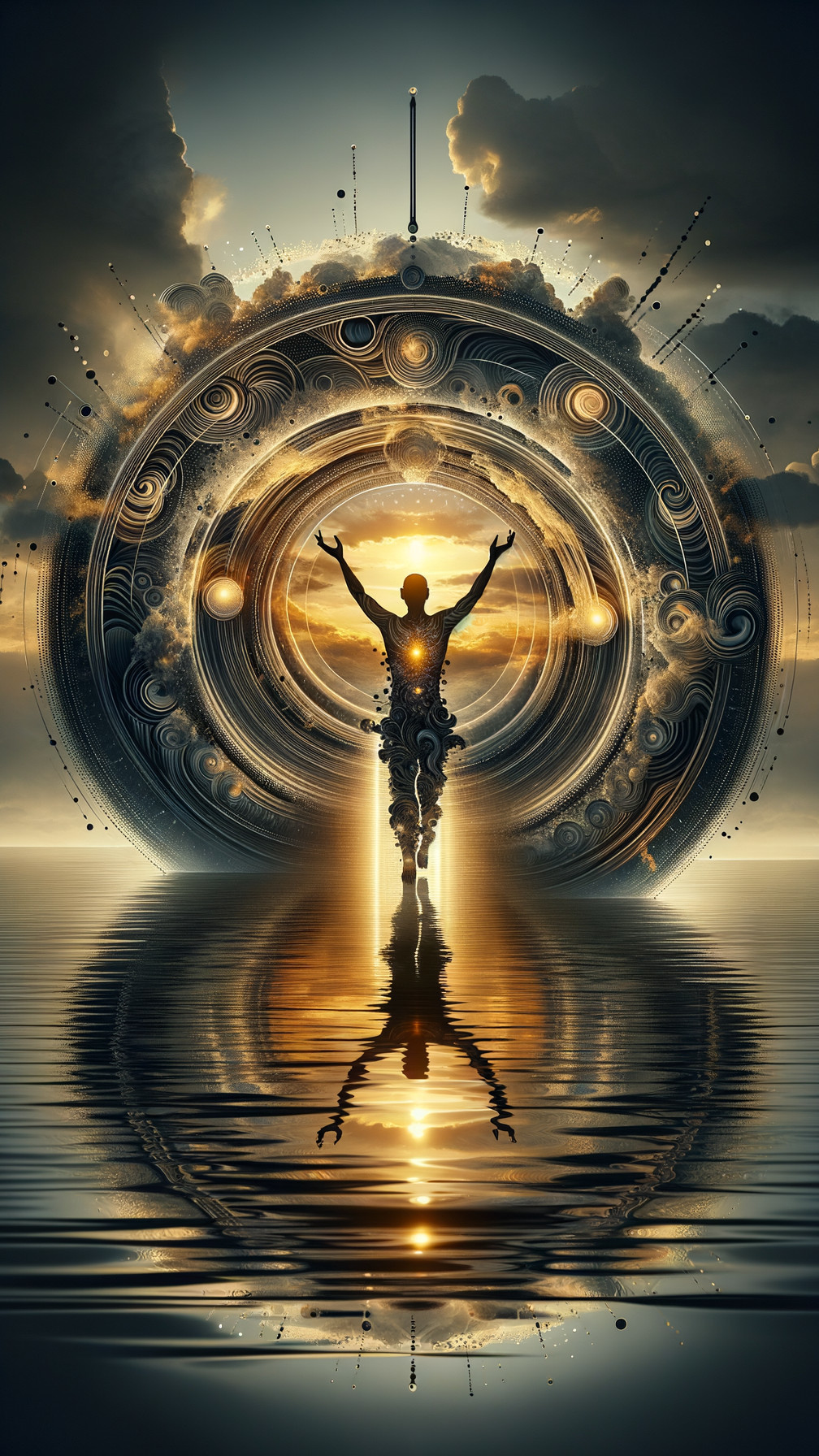 Silhouetted Figure in Cosmic Portal at Sunrise