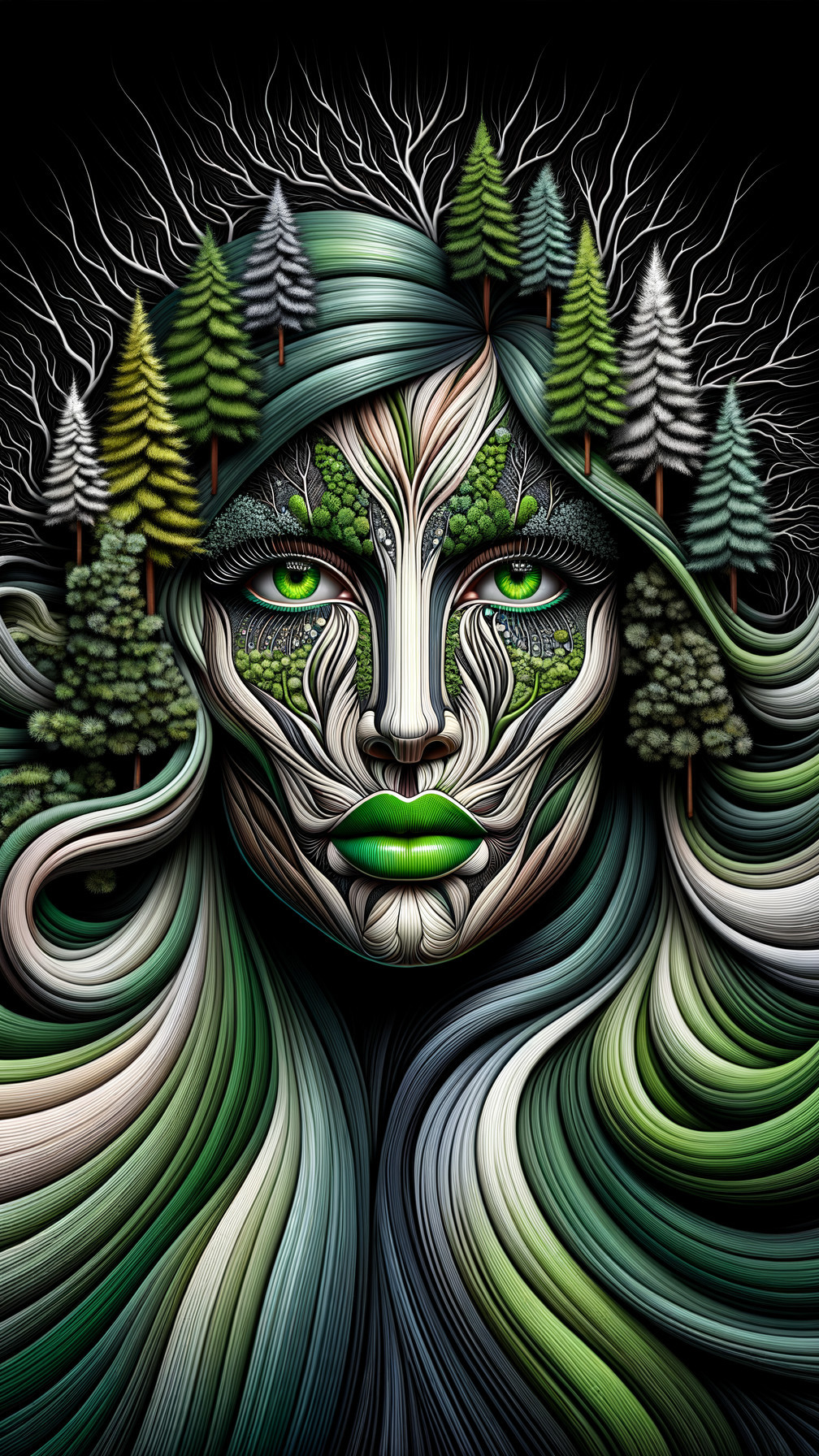 Stylized face with nature patterns and lush greens