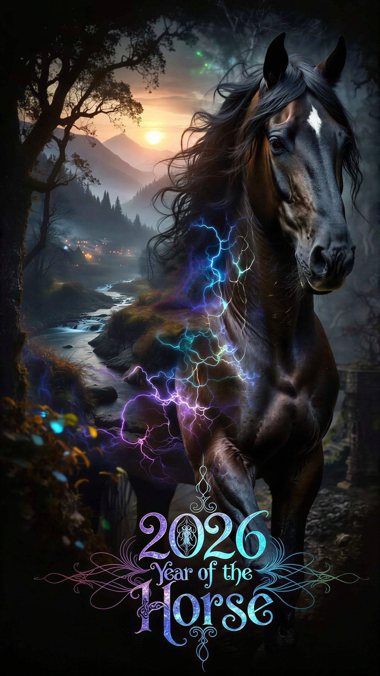 Mystical Digital Painting of Horse with Electric Effects