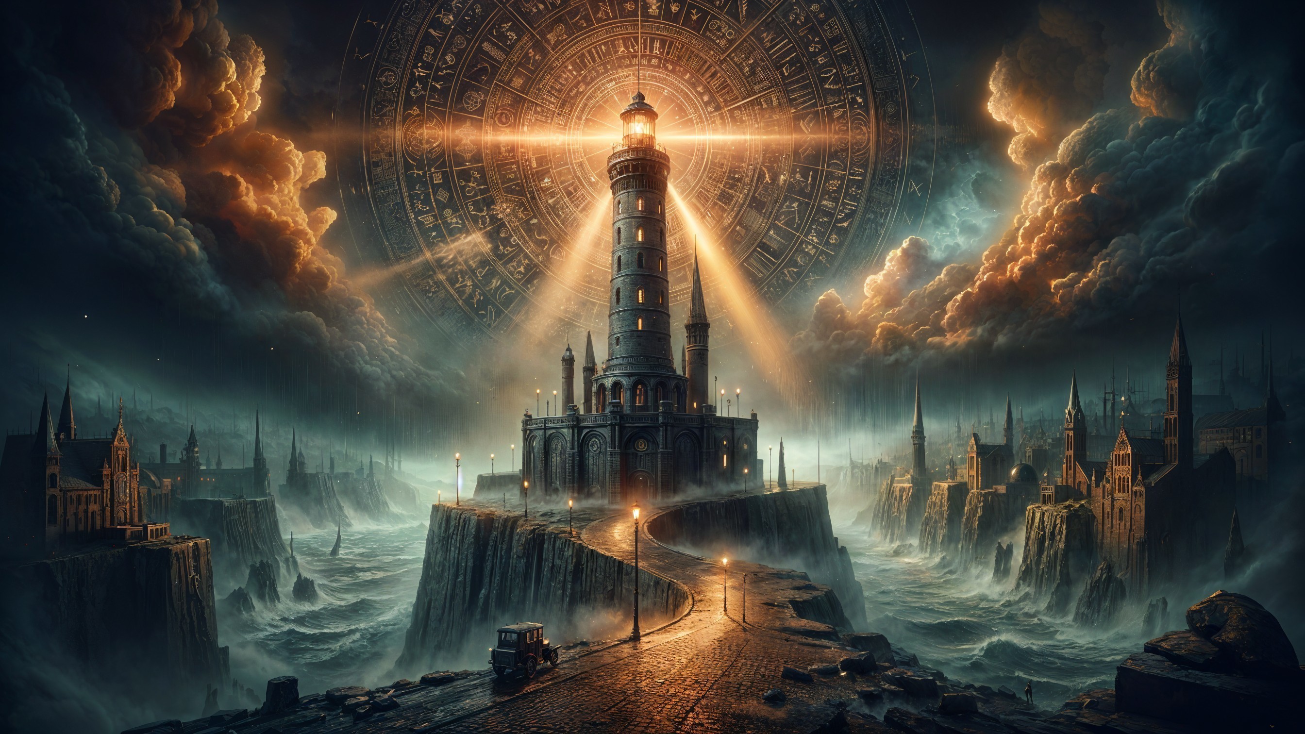 Majestic lighthouse on rugged cliff with dramatic clouds