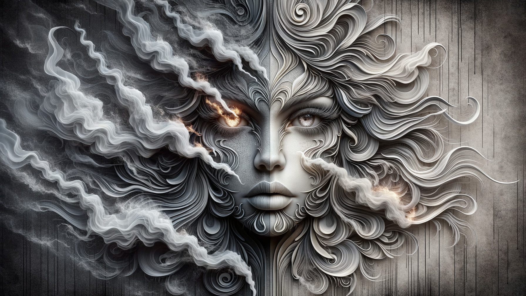 Surreal Female Face with Cloud-Like Hair Design