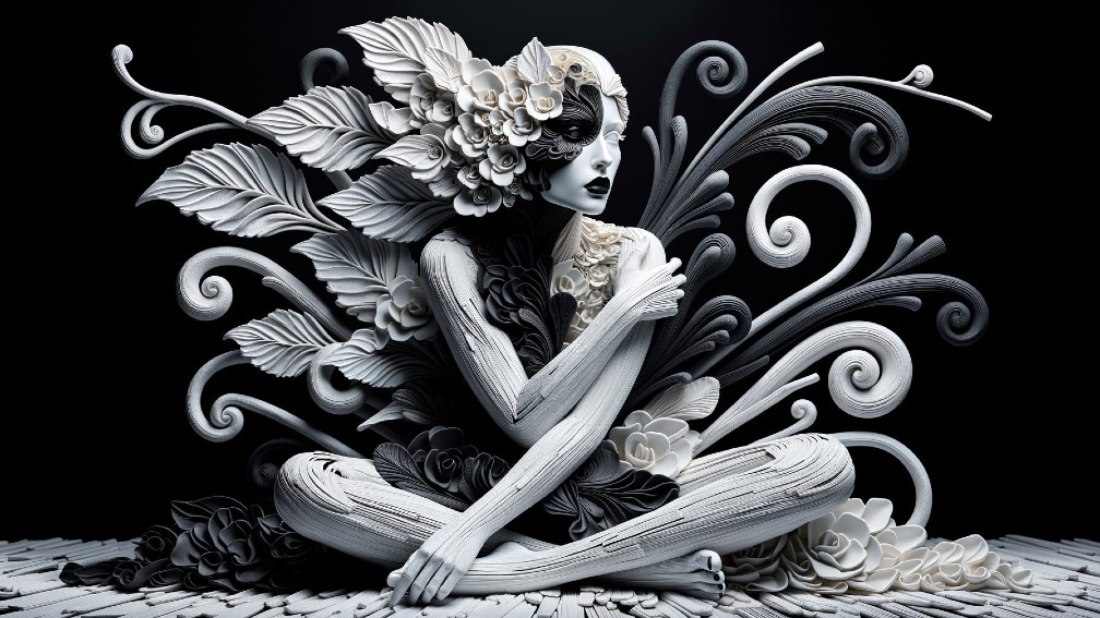 Intricate Figure with Floral Designs in Black and White