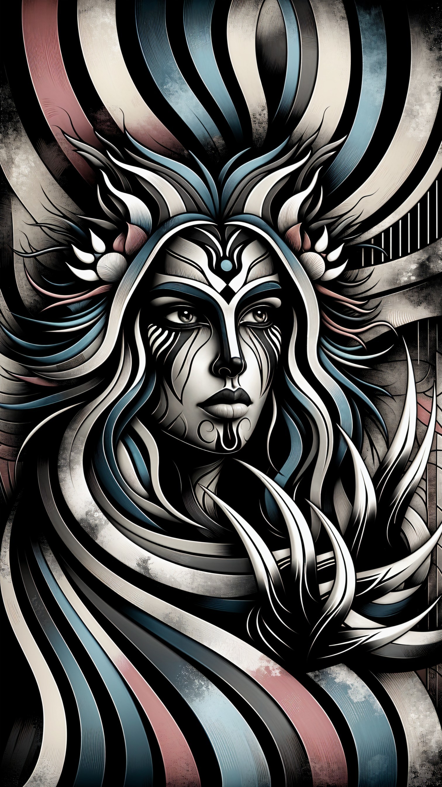 Stylized portrait of a female figure with patterns