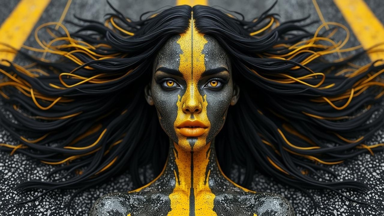 Striking figure with symmetrical face and vibrant patterns
