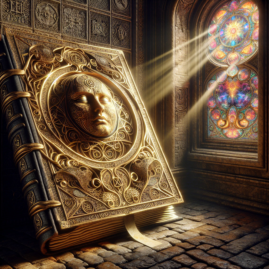 Mystical Book in Dim Room with Colorful Stained Glass