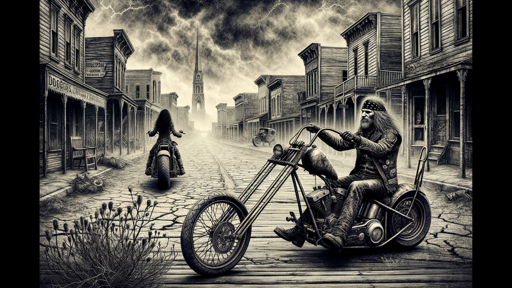 Desolate Ghost Town Street with Stormy Sky and Motorcyclists
