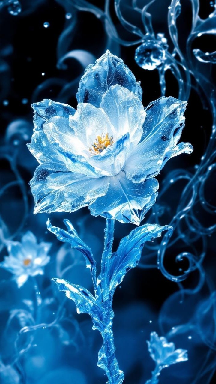 Translucent blue flower with ethereal glow on dark background