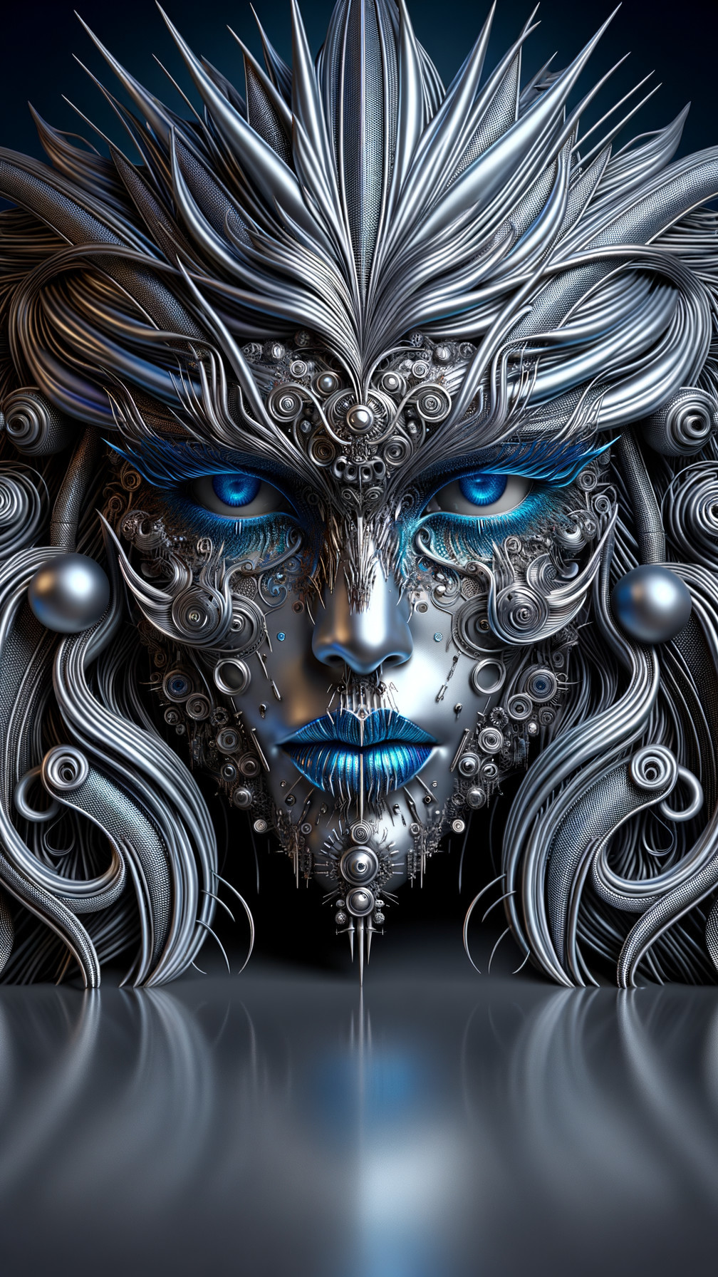 Futuristic Face with Metallic Features and Blue Eyes