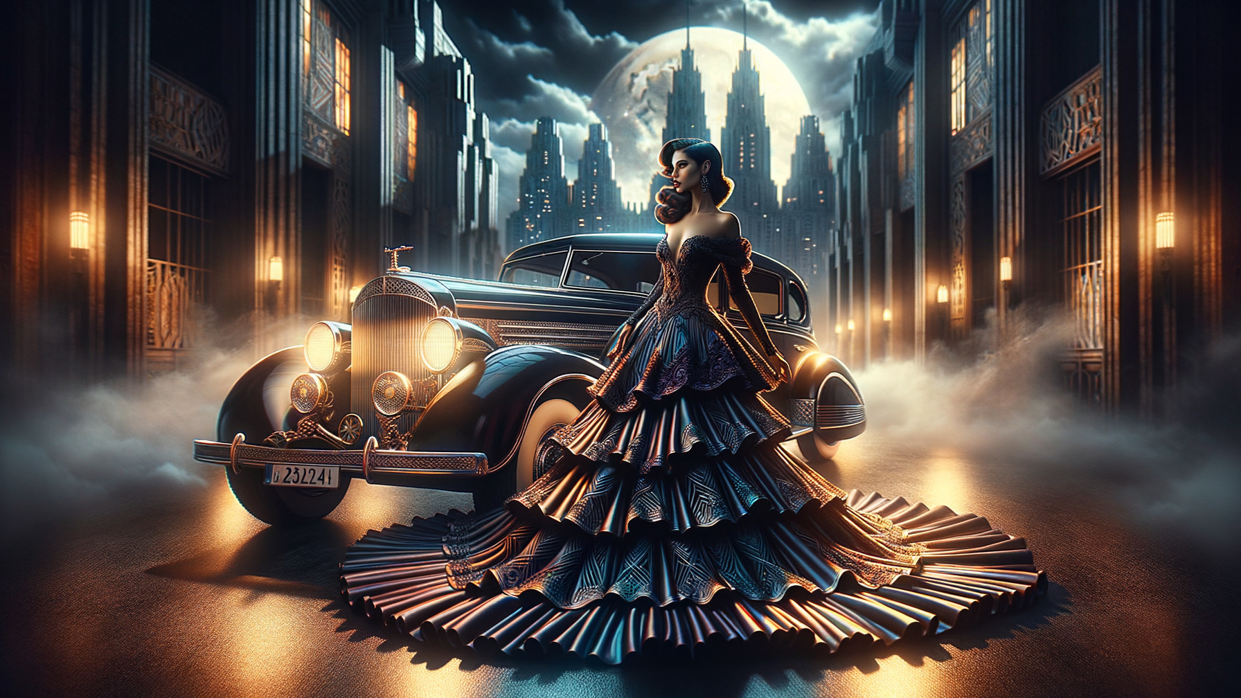 Glamorous Woman by Vintage Car in Urban Setting