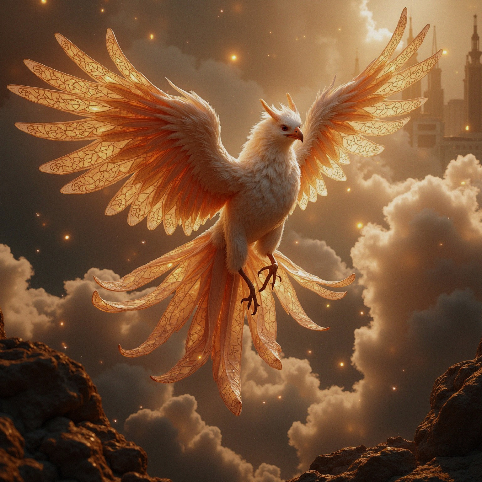Majestic phoenix with intricate wings against clouds