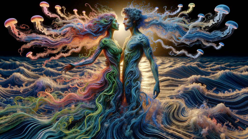 Surreal Scene of Ethereal Figures and Ocean Waves