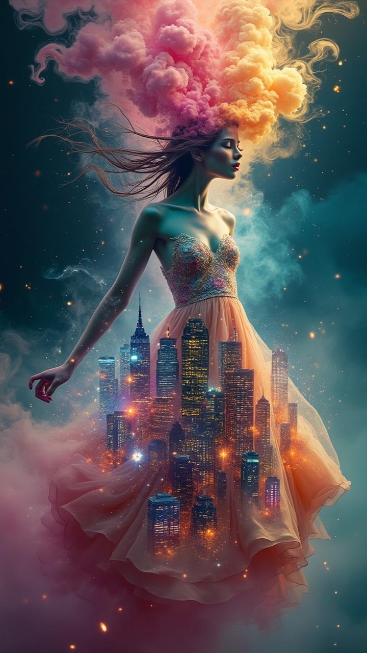 Ethereal figure in pastel dress with vibrant cityscape