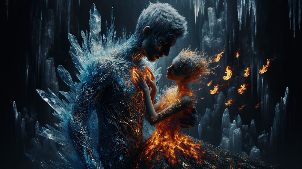 Ethereal Beings in Fire and Ice Embrace Scene