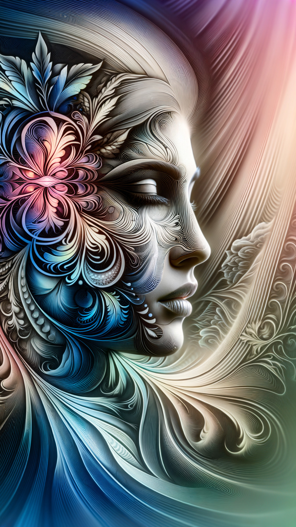 Intricate Floral Face Profile with Colorful Patterns