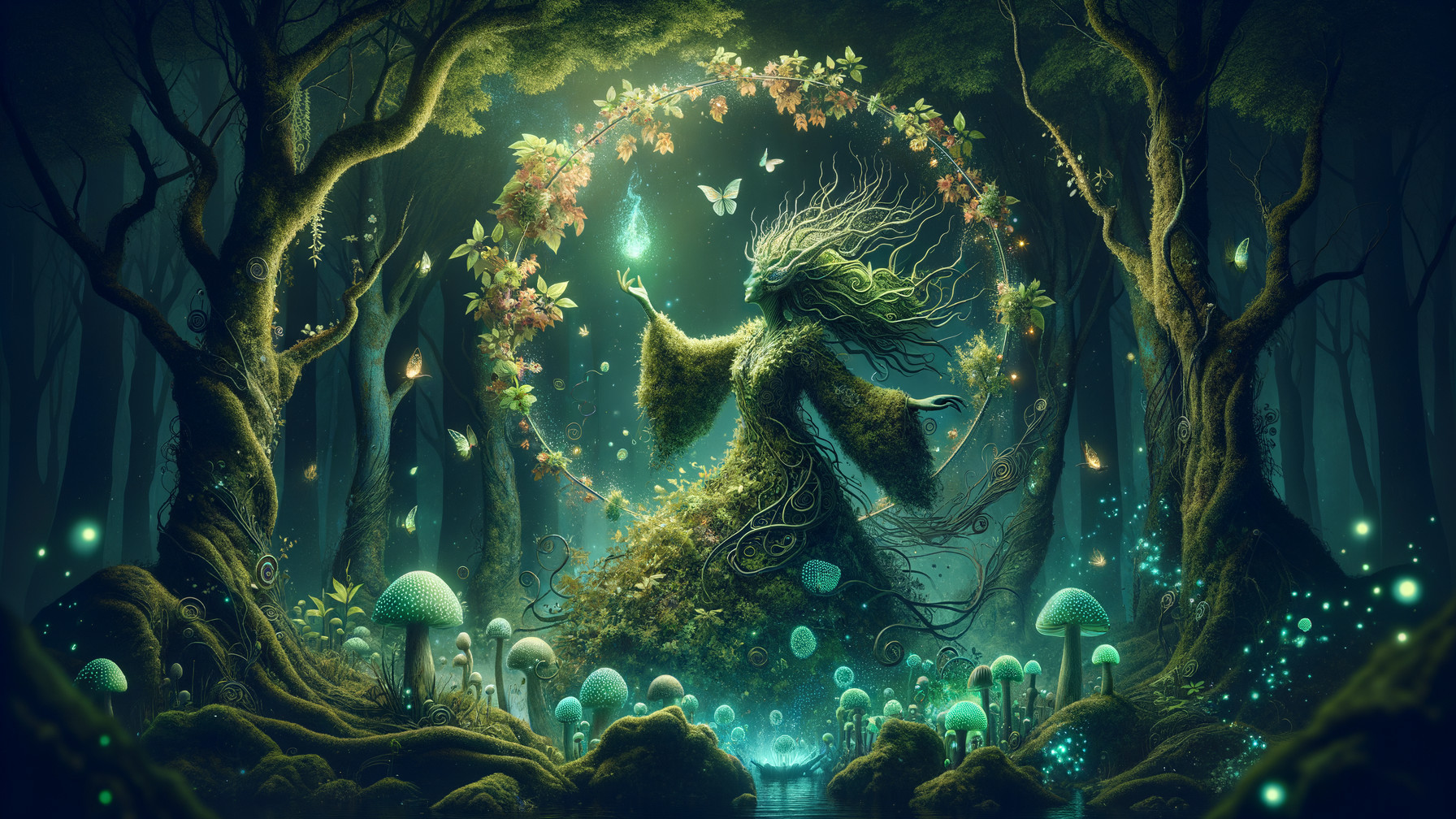 Mystical Forest Spirit Surrounded by Nature's Beauty