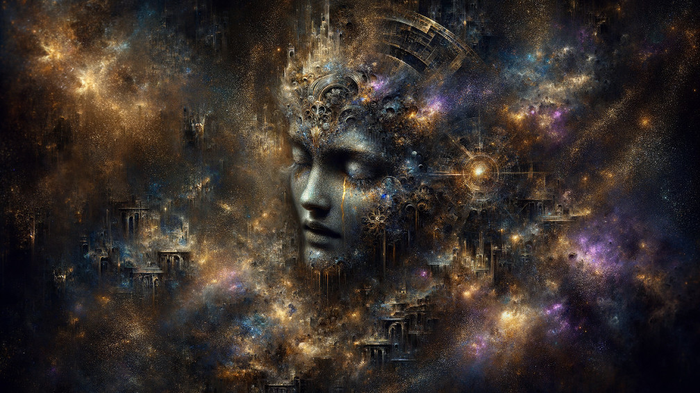 Surreal Cosmic Face with Galaxies and Metallic Textures
