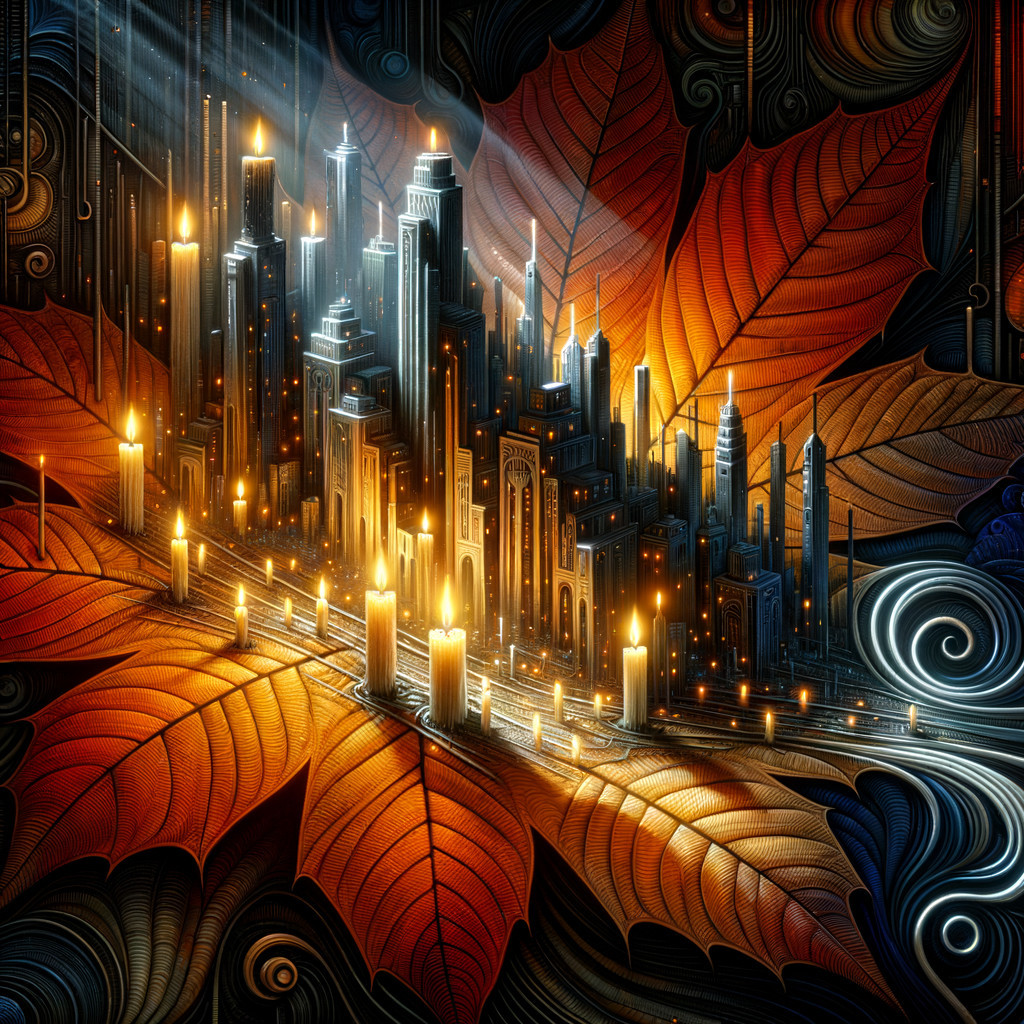 Surreal cityscape with glowing candles and autumn leaves