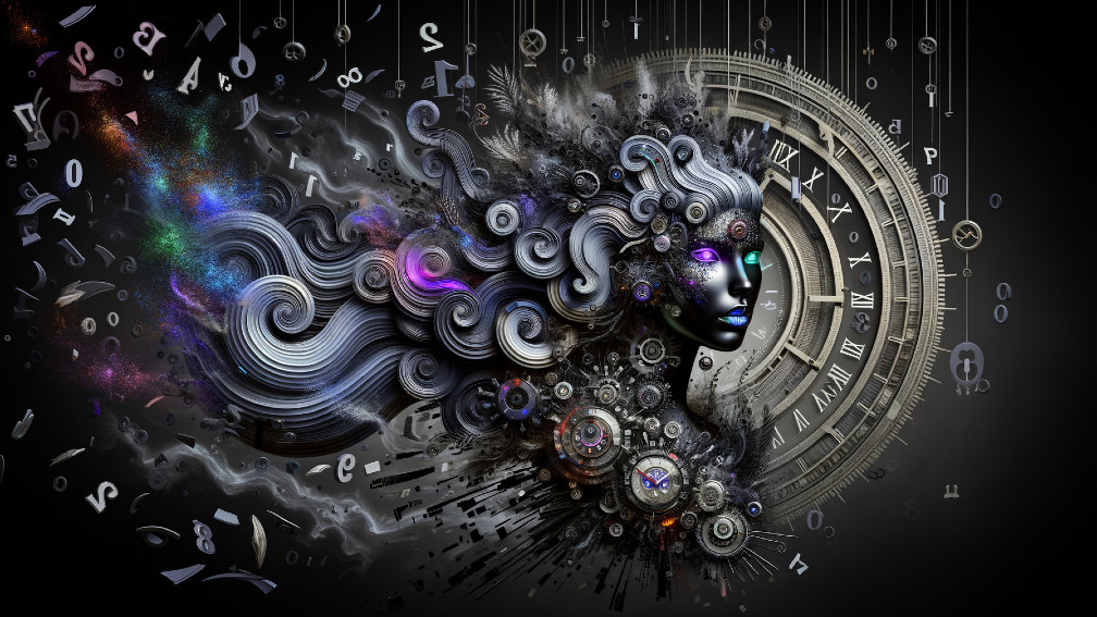 Surreal Abstract Female Face with Metallic Hair and Gears