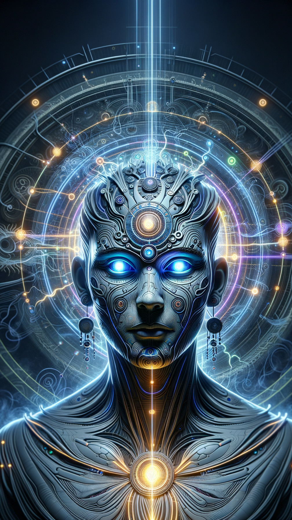 Futuristic Humanoid with Metallic Features and Energy Backdrop