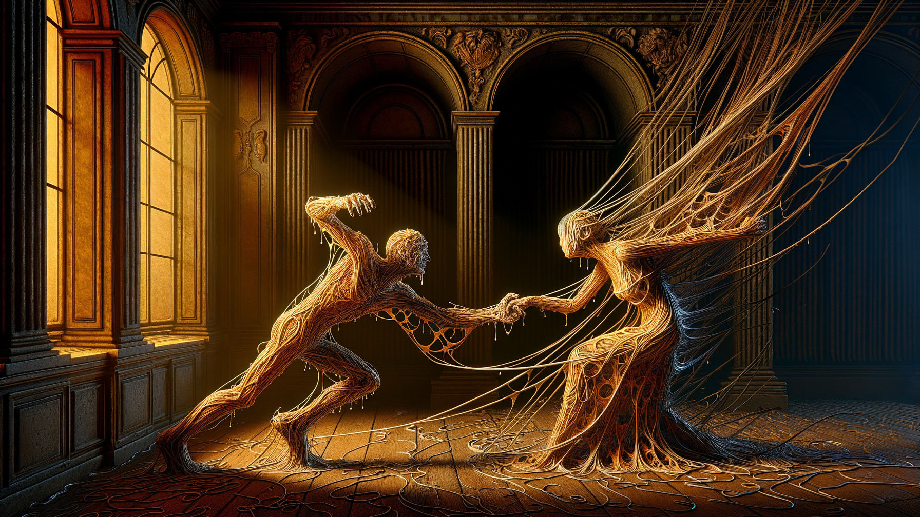 Twisted Figures in an Ornate Dimly Lit Room