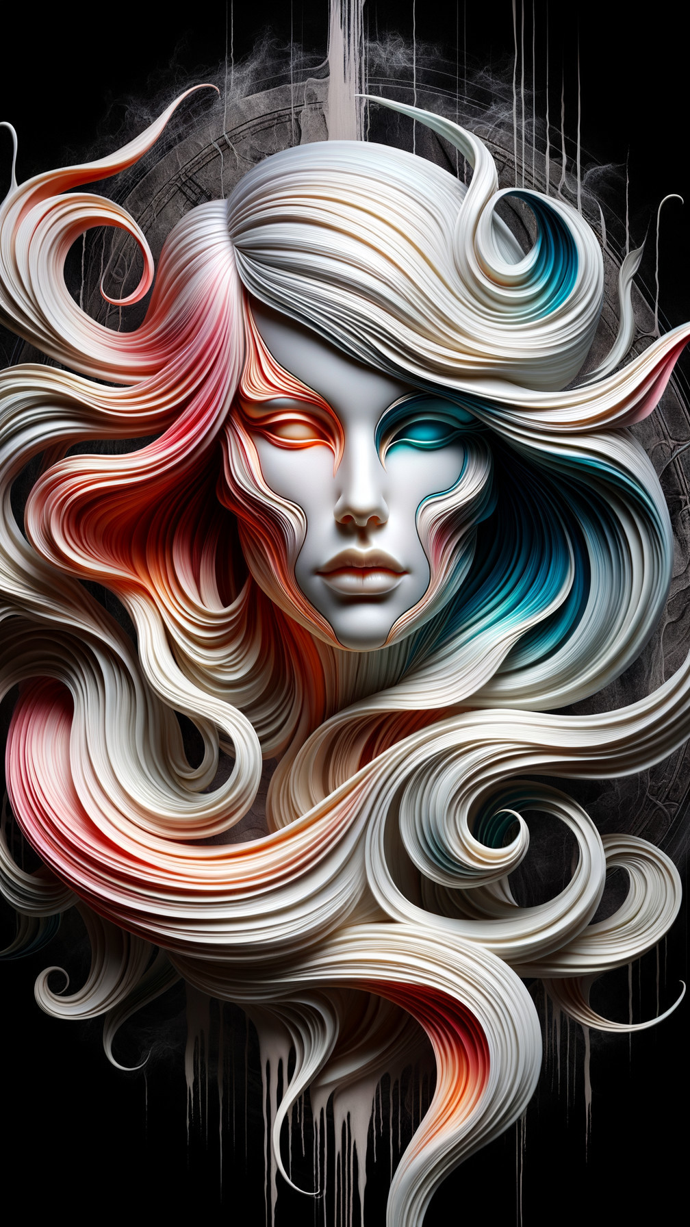 Ethereal Face with Flowing Hair in Vivid Colors