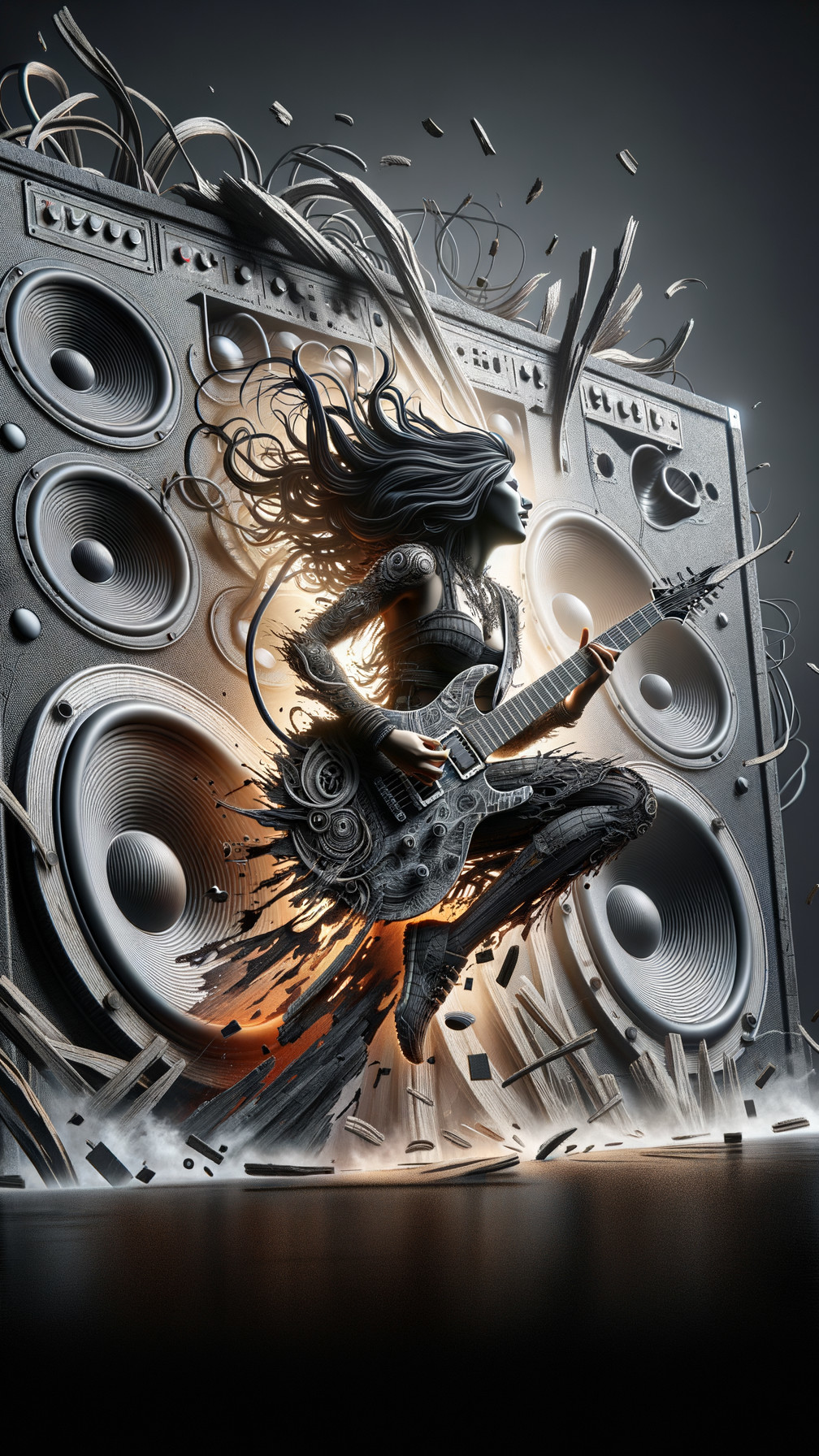 Dynamic Figure Playing Electric Guitar with Sound Waves