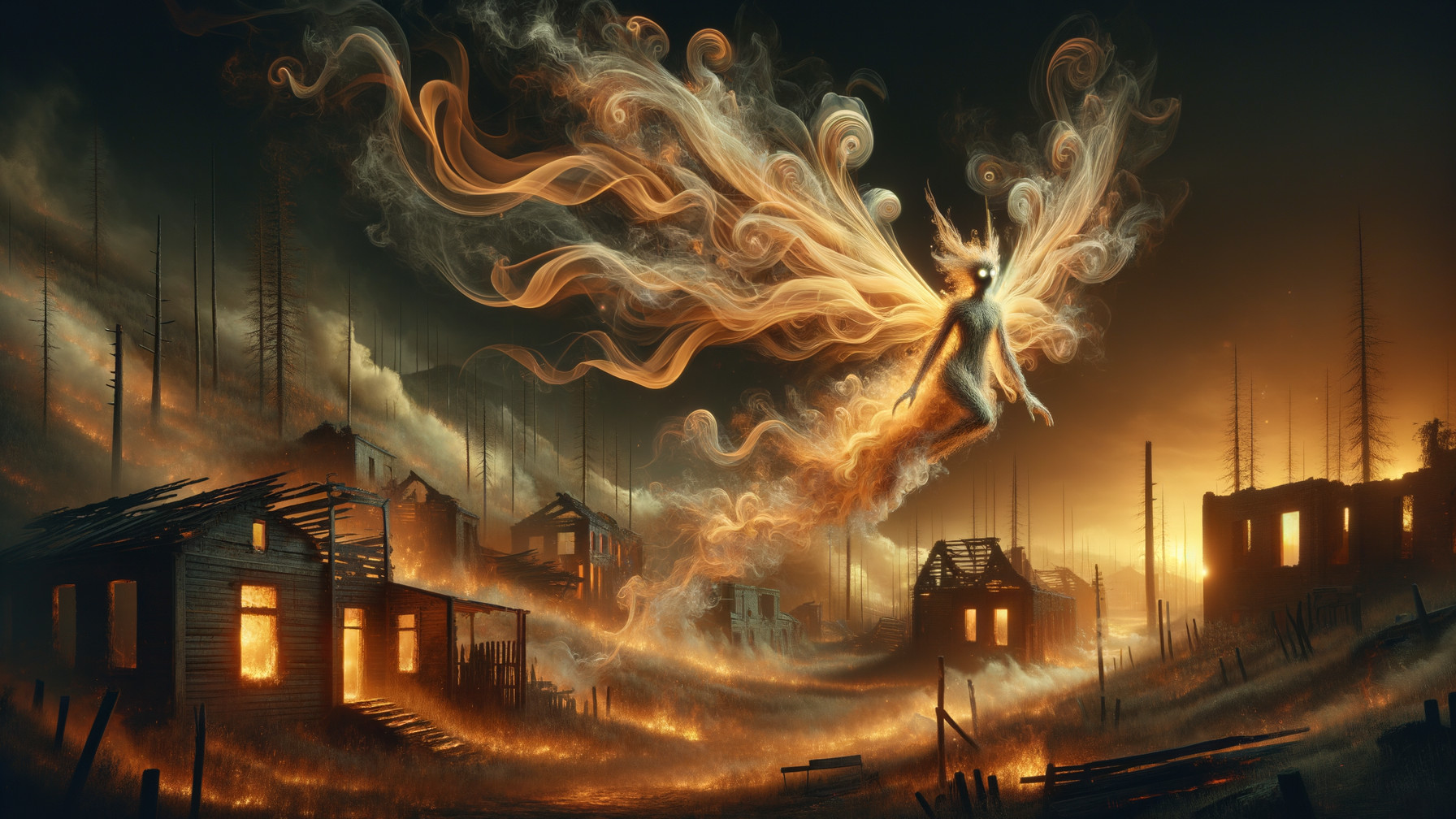Haunting Landscape with Charred Houses and Ethereal Figure
