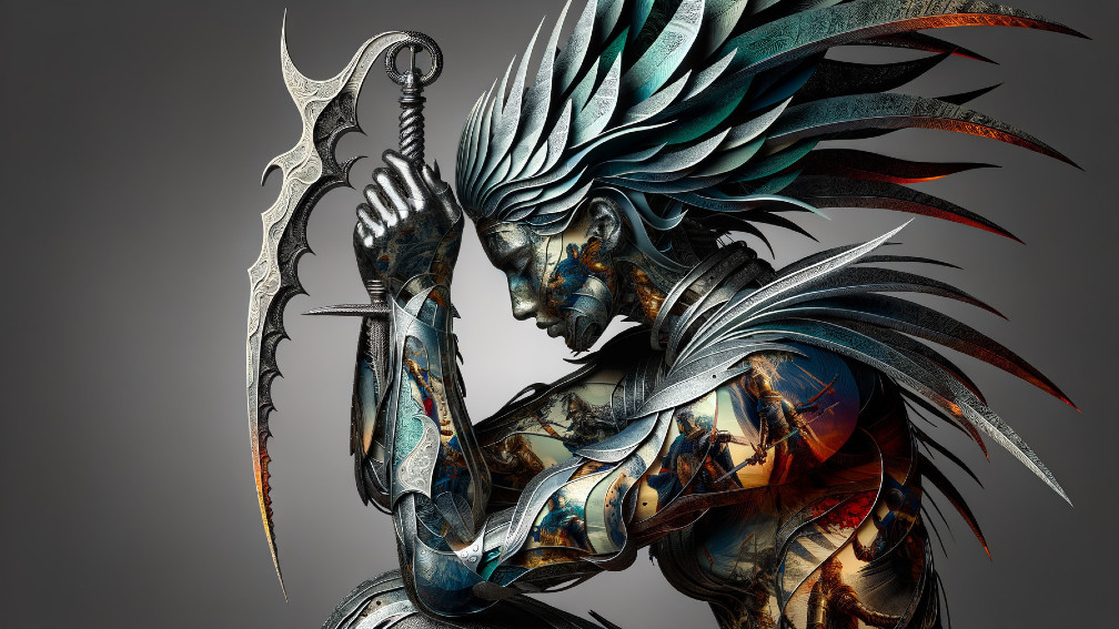Armored Figure with Metallic Wings and Curved Sword