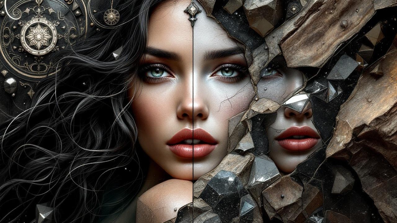 Split Face Artwork with Dark Hair and Reflective Surface