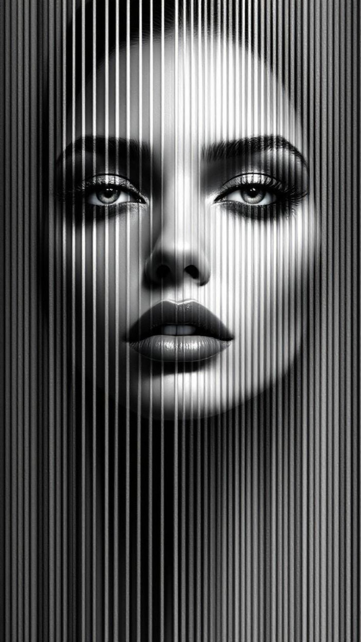 Black and White Portrait with Vertical Lines and Depth