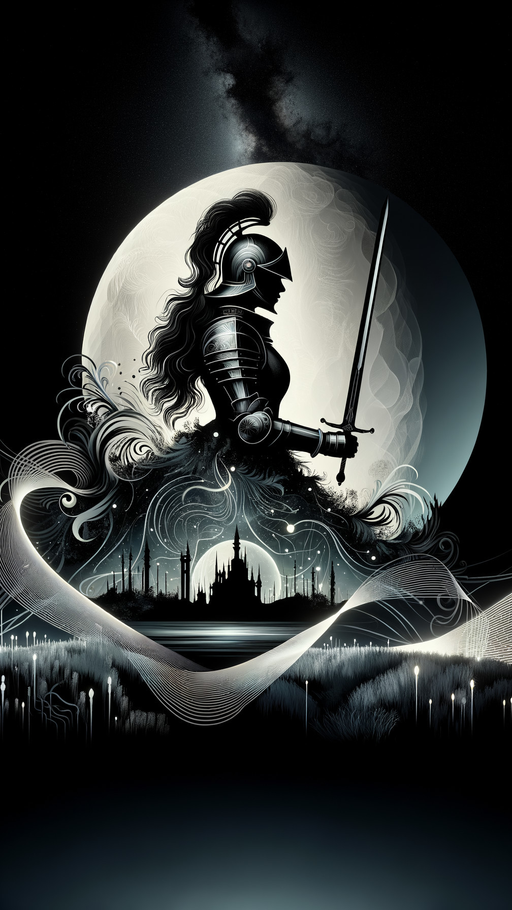 Knight Silhouette Against Luminous Moon and Castle